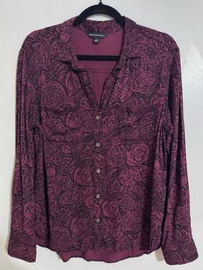 Rock & Republic Wine Floral Button-Down Blouse Size Large
